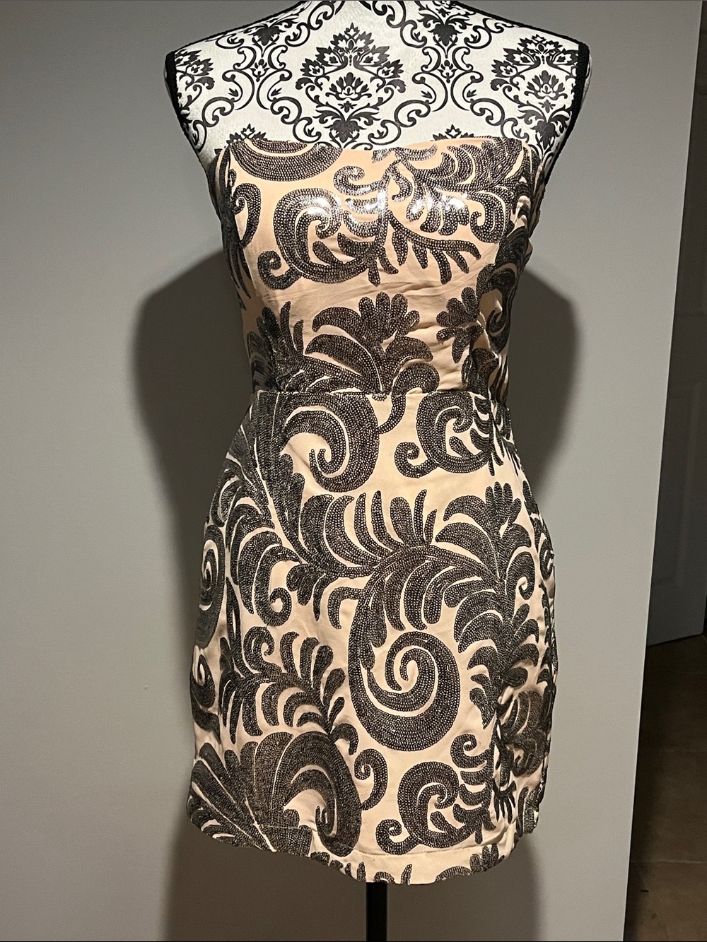 Strapless Baby Pink Dress with Silver Scroll Pattern